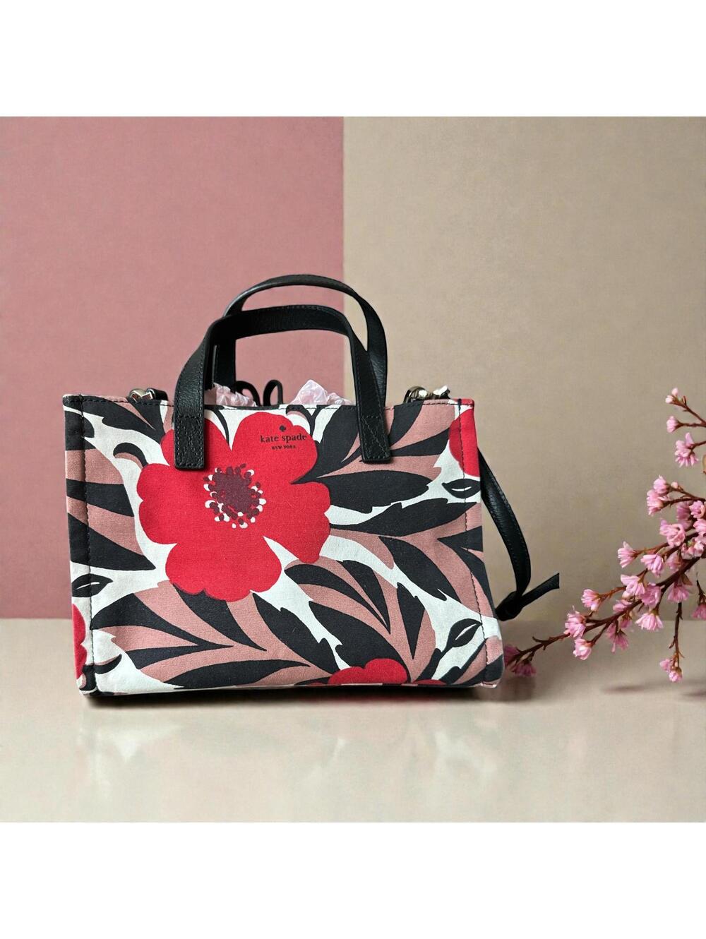 Kate Spade Floral Canvas Bag with Leather Handles & Strap